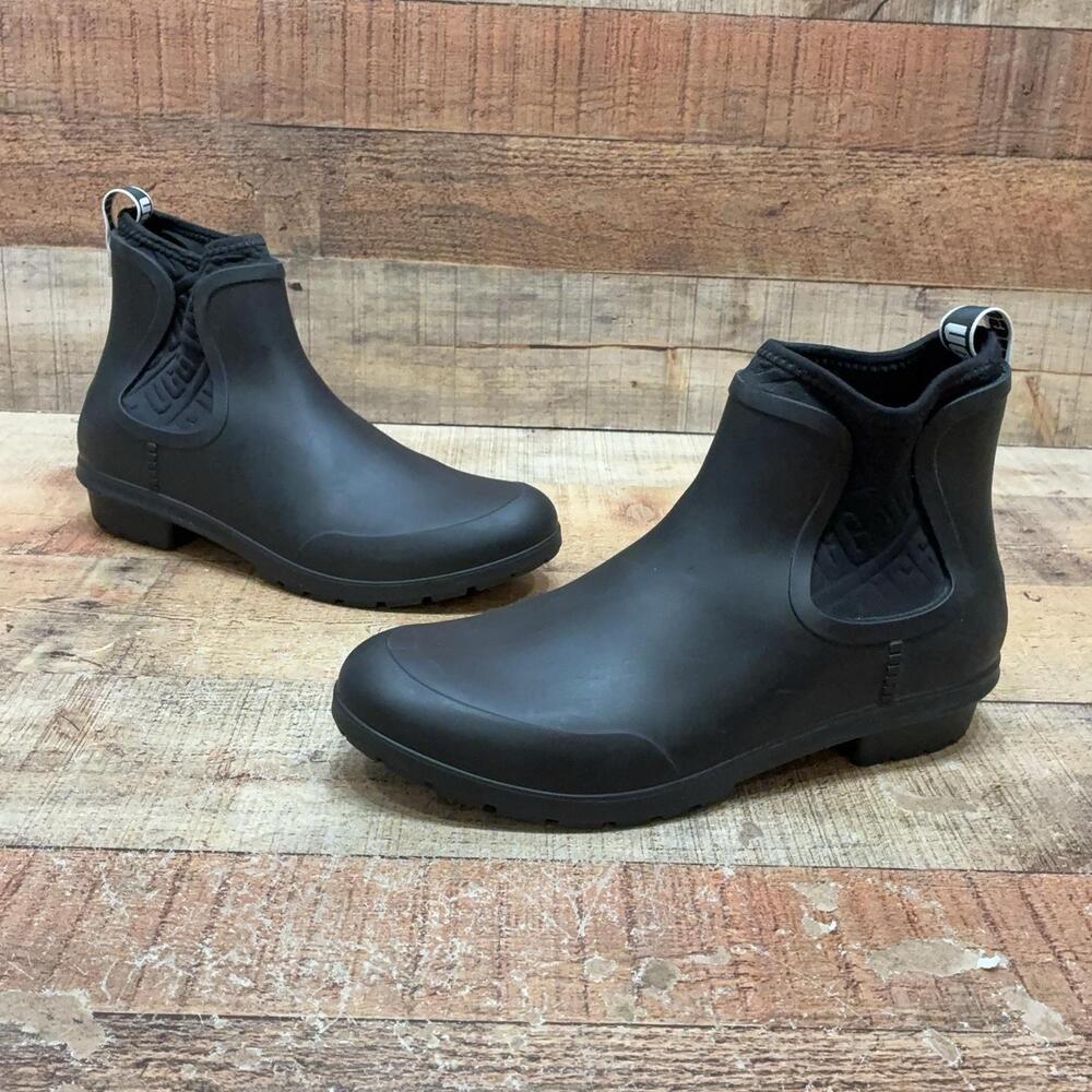 UGG Rain Boots Womens Size 10 41 Black Rubber Ankle Chelsea Waterproof Pull On